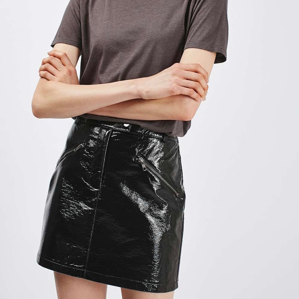 Topshop | Black Faux Patent Leather Mini Zip Skirt